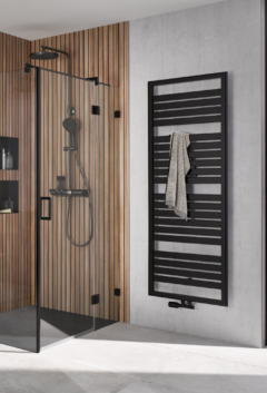 Duschkabine aus Glas mit Badheizkörper im modernen Bad